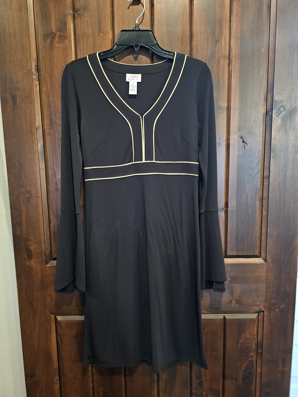LOFT Black Long-Sleeve V-Neck Dress with Cream Trim